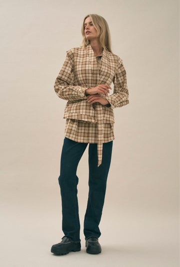 Early Mornings Shacket Toffee Check in Brown