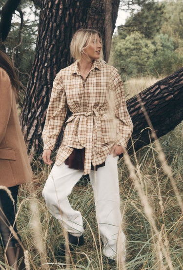 Early Mornings Shacket Toffee Check in Brown