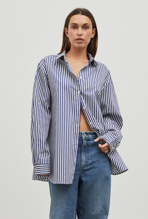 womens white and navy striped shirt