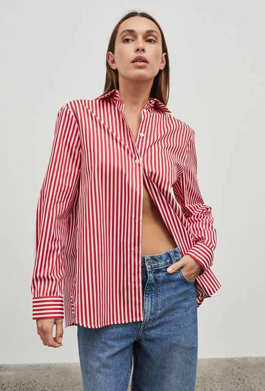 white shirt with red stripes